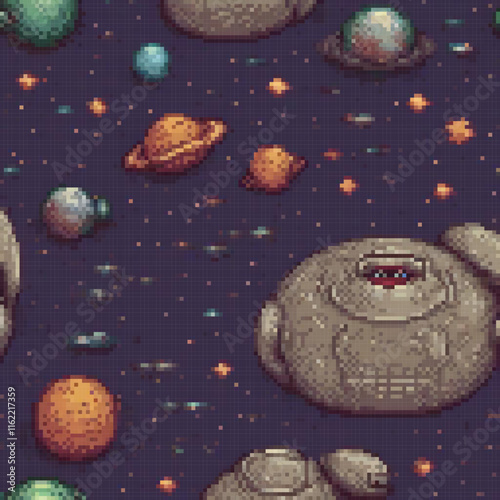 Pixel art space scene with planets and stars
