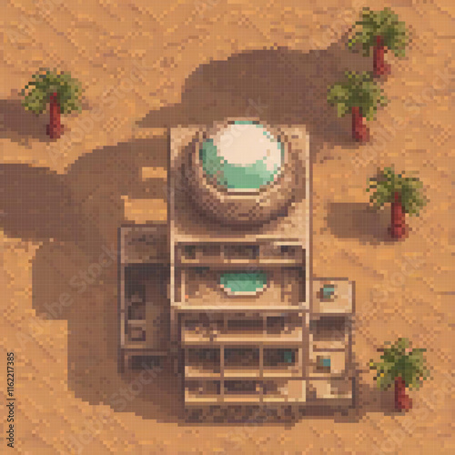 Pixel art desert building with palm trees