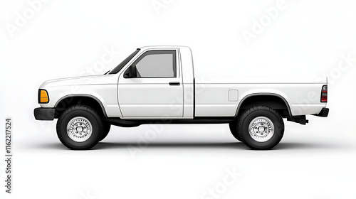 Side view of white pick up truck on white background