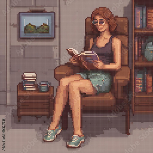 Pixel art of a woman engrossed in reading a book