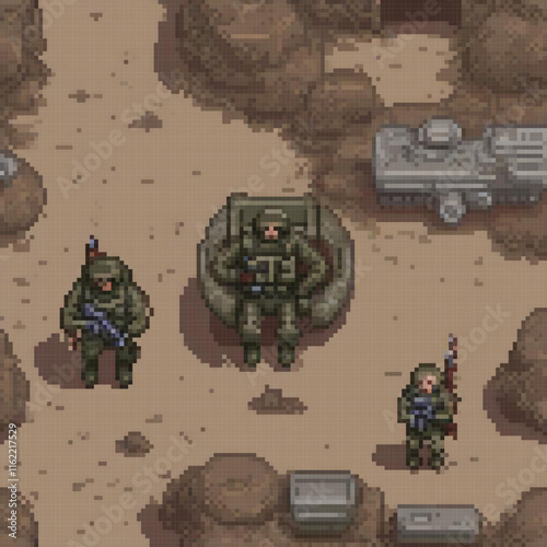 Pixel art depicting soldiers in a desert landscape