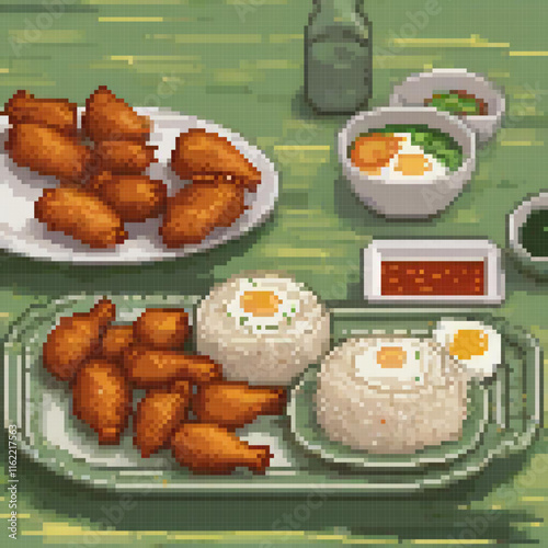 Pixel art of a vibrant dining scene with plates and sauce bowls