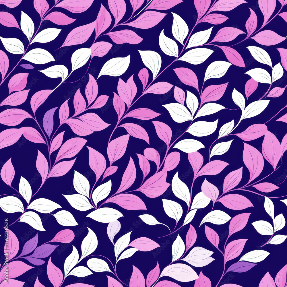 A vibrant seamless pattern featuring pink and white leaves on a deep navy background, perfect for textile design or home decor. A vibrant seamless pattern featuring pink and white leaves on a deep navy background, perfect for textile design or home decor.