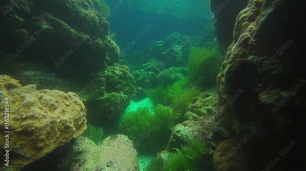 Fototapeta premium Underwater Seabed Scene Rocks, Algae, and Sunlight