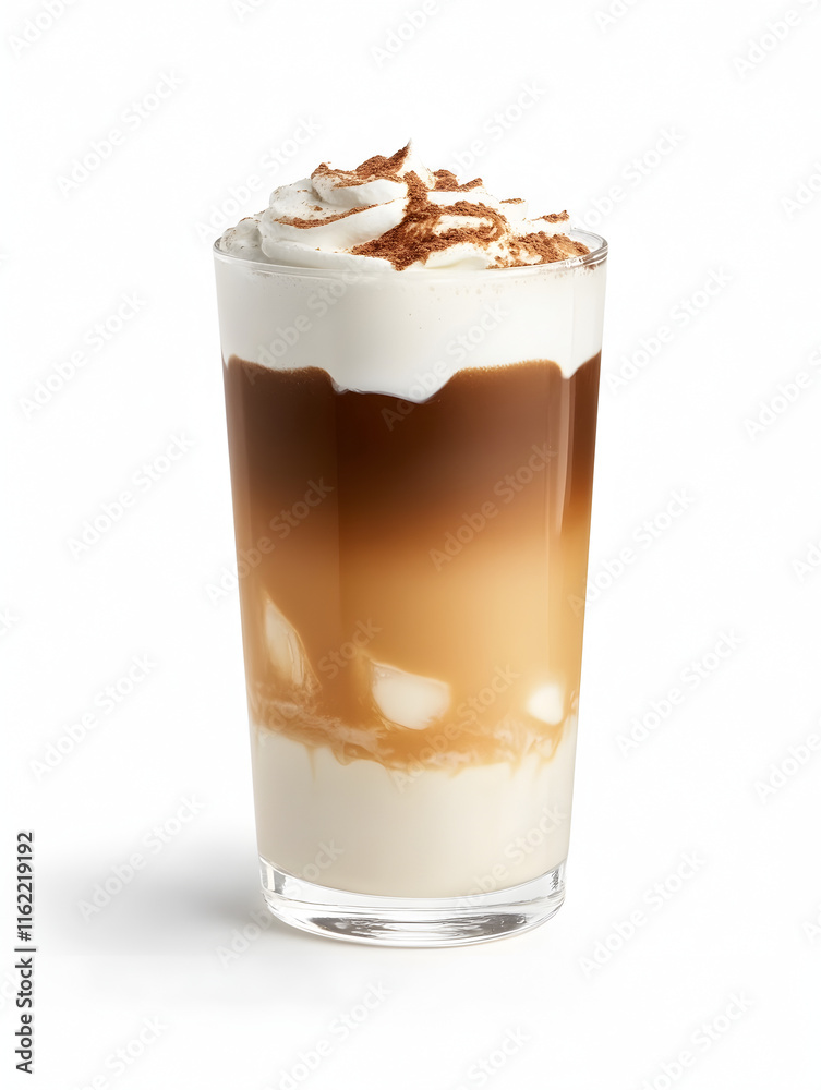 Indulgent layered coffee drink, Iced Capuchino, beverage photography, close-up indoor studio shot Indulgent layered coffee drink, Iced Capuchino, beverage photography, close-up indoor studio shot
