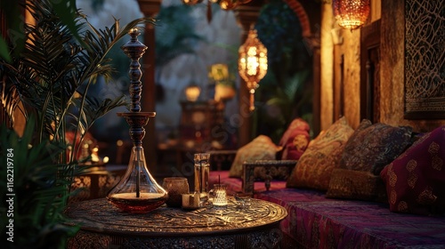 Serene Evening at a Moroccan Lounge: Hookah, Lanterns, and Plush Pillows