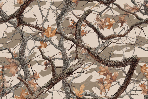 Realistic forest camouflage. Seamless pattern. Vector camouflage pattern. Deer hunting background. Conifer tree, branches and leaves. Useable for hunting and military purposes.