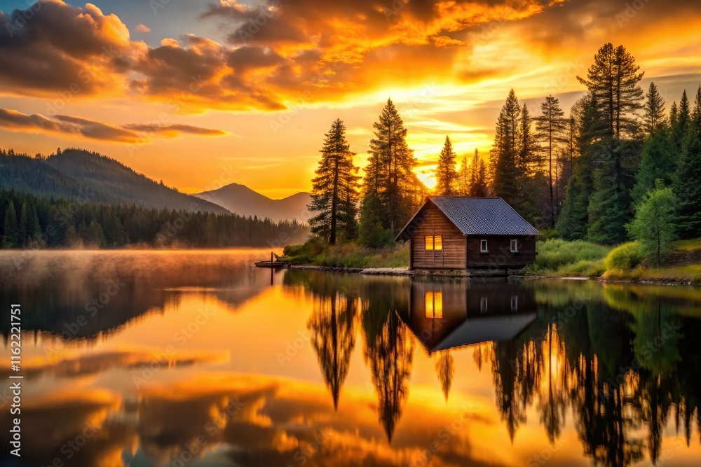 Fototapeta premium Lakeside cabin bathed in golden sunset light; minimalist design, cozy retreat.
