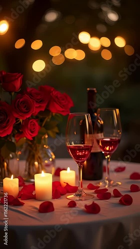 Romantic setting for dinner with candles, wine and rose petals on the table