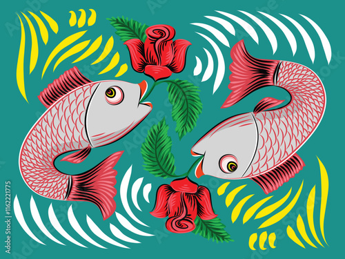Bangladeshi rickshaw painting style vector fish 