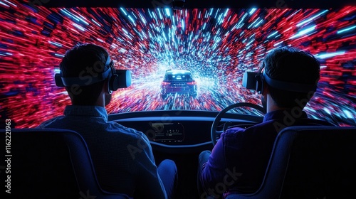 Two individuals wearing VR headsets experience a colorful, immersive environment that simulates a futuristic driving scenario.