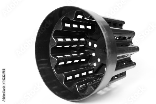A black plastic flower pot on a white background with vertical slits for airflow and drainage, ideal for plants needing good ventilation and moisture control.
