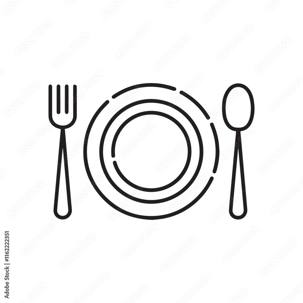 Fork, spoon, knife and plate. Menu symbol black vector on white background silhouette.