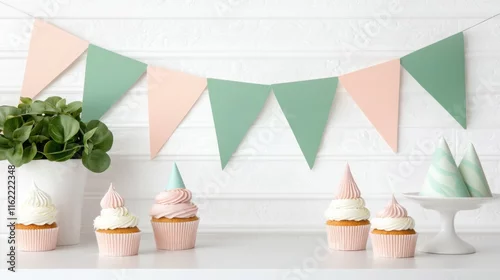 Obraz  z motywem A pastel-themed dessert table featuring cupcakes and a decorative banner, enhancing a festive atmosphere.