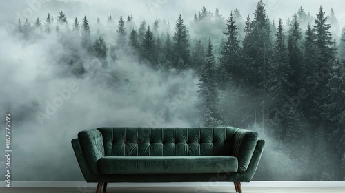 Misty Forest Wallpaper: Serene Green Coniferous Woodscape