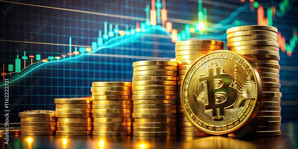 Bitcoin Cryptocurrency Investment Growth: Golden Coins & Stock Chart Bitcoin Cryptocurrency Investment Growth: Golden Coins & Stock Chart