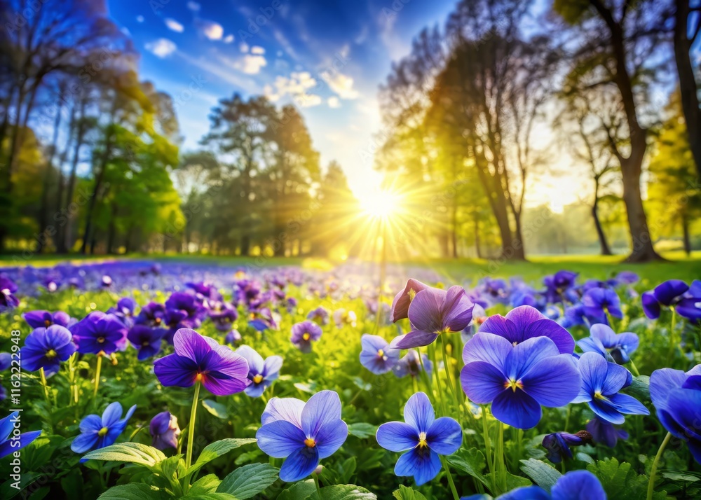 Obraz premium Blue Violet Flowers in Park - Wide Angle Spring Nature Photography