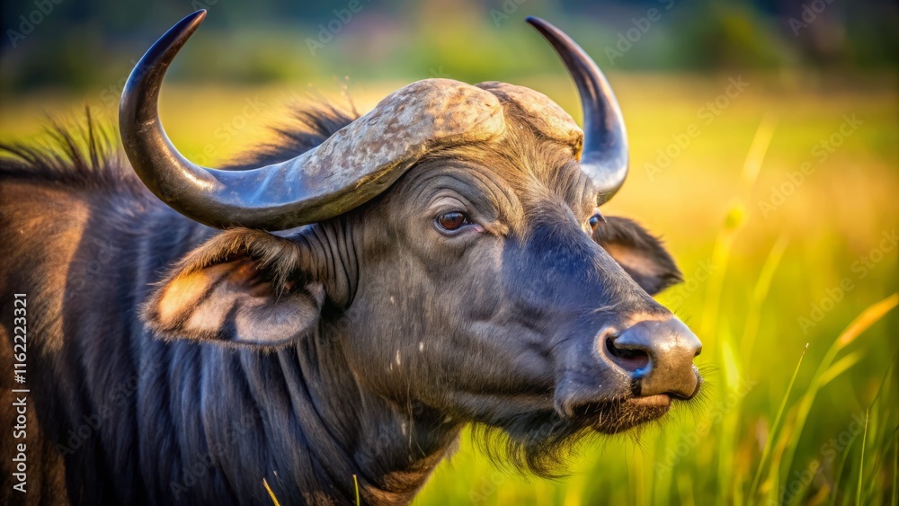 Close-up Side Profile of a Black Buffalo Head, African Wildlife, Nature Photography Close-up Side Profile of a Black Buffalo Head, African Wildlife, Nature Photography