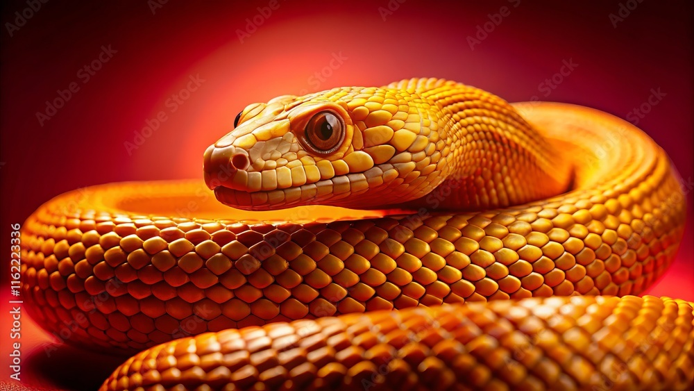 Fototapeta premium Coiled Golden Snake on Red: Minimalist Macro Photography