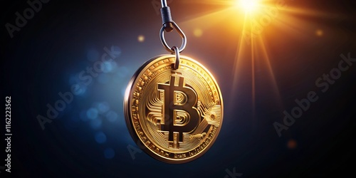 Crypto Fraud Concept: Bitcoin on a Fishing Hook - Stock Photo photo