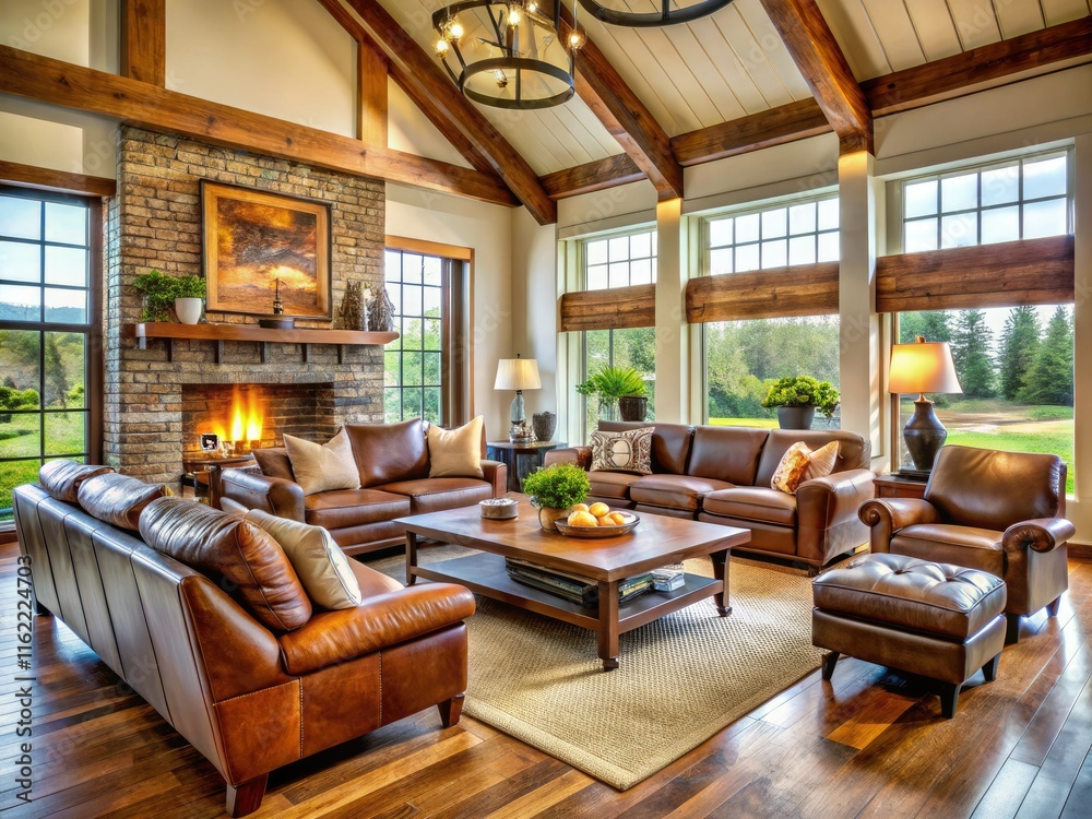 Leather sofa and fireplace define this cozy modern farmhouse living room; interior design blends rustic and contemporary. Leather sofa and fireplace define this cozy modern farmhouse living room; interior design blends rustic and contemporary.