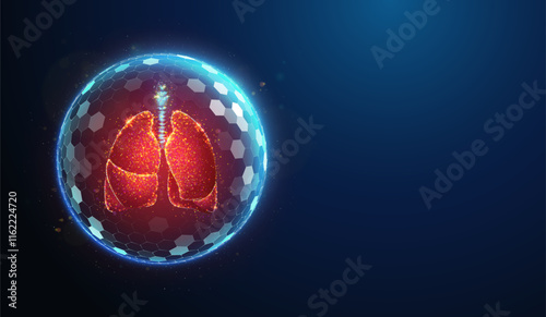 Abstract vector illustration of glowing human lungs made of neon particles protected by shield barrier. Pulmonary respiratory system disease prevention healthcare medical concept