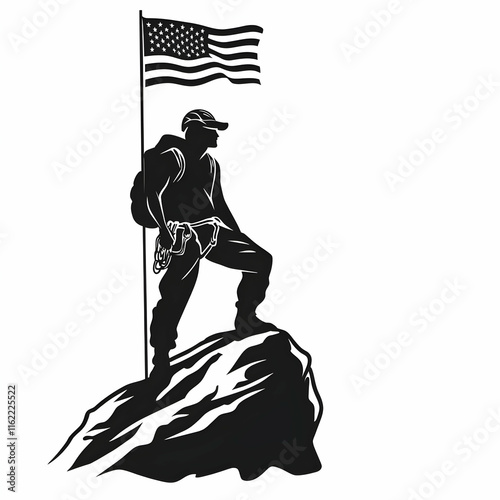 Silhouette of a hiker standing on a mountain peak with an American flag.
