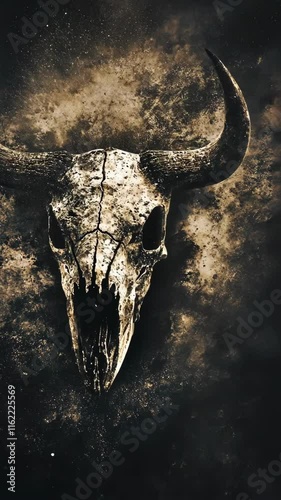 Abstract representation of a bull skull against a dark, textured background creating a haunting atmosphere