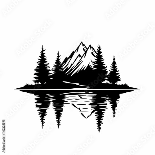 Black and white illustration of mountains reflected in a lake with pine trees.