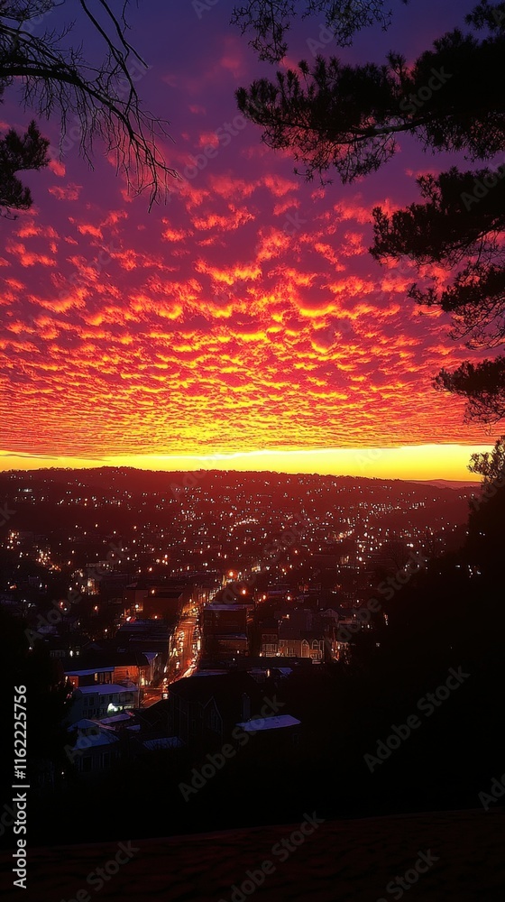 Fototapeta premium Vibrant sunset over city skyline viewed from hilltop.