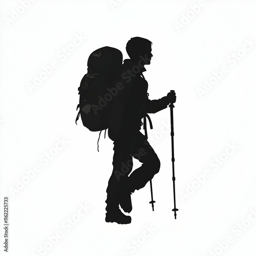 Silhouette of a hiker with a backpack and trekking poles.
