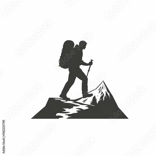 Silhouette of hiker with backpack trekking on mountain peak.