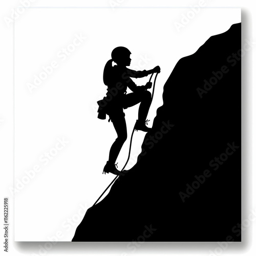 Female climber silhouette ascending a steep rock face using rope.