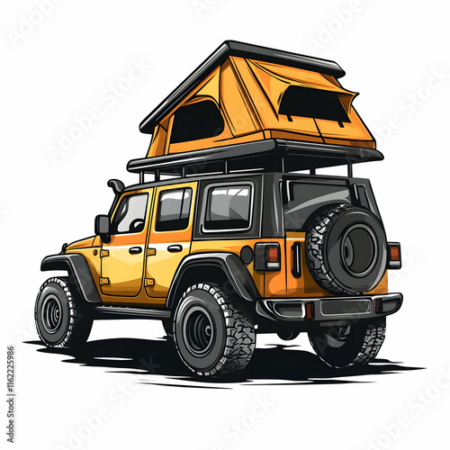 Yellow SUV with rooftop tent, rear view.