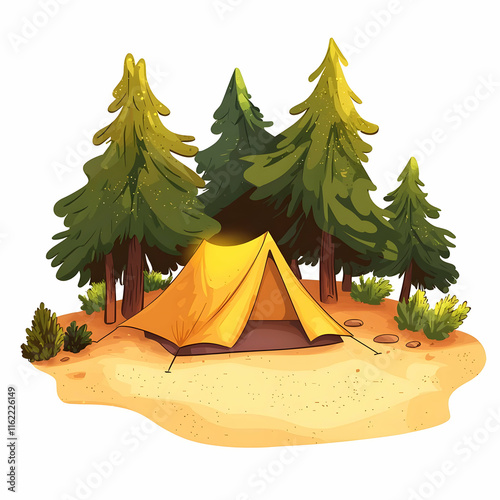 Illuminated yellow tent nestled amidst a serene forest clearing.