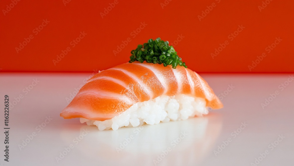 A piece of sushi featuring salmon and green garnish on a white plate. A piece of sushi featuring salmon and green garnish on a white plate.