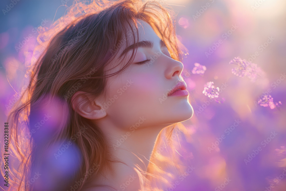 Serene woman with eyes closed, surrounded by soft purple flowers bathed in golden sunlight, peaceful and dreamy. Serene woman with eyes closed, surrounded by soft purple flowers bathed in golden sunlight, peaceful and dreamy.