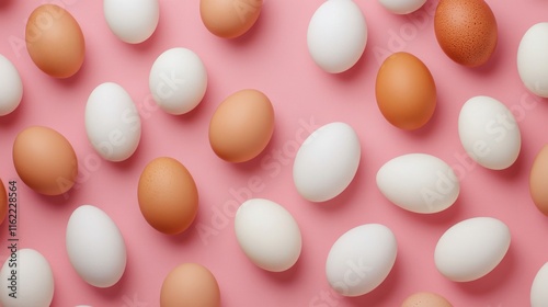 Seamless top view of brown and white eggs on pink background in studio setting for food and still life projects