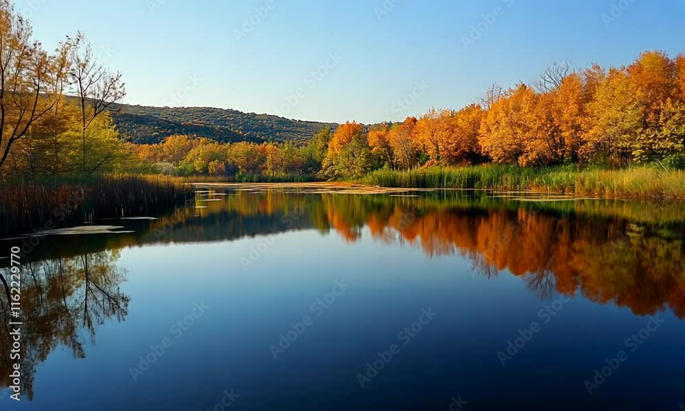 Serene Autumn Landscape with Calm Water Reflection Surrounded by Vibrant Fall Foliage in a Picturesque Natural Setting During Golden Hour Light Serene Autumn Landscape with Calm Water Reflection Surrounded by Vibrant Fall Foliage in a Picturesque Natural Setting During Golden Hour Light