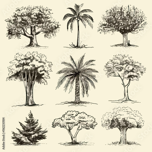 Set of hand drawn tree sketches - oak, palm tree, willow, pine, cypress, baobab, birtch maple spruce photo