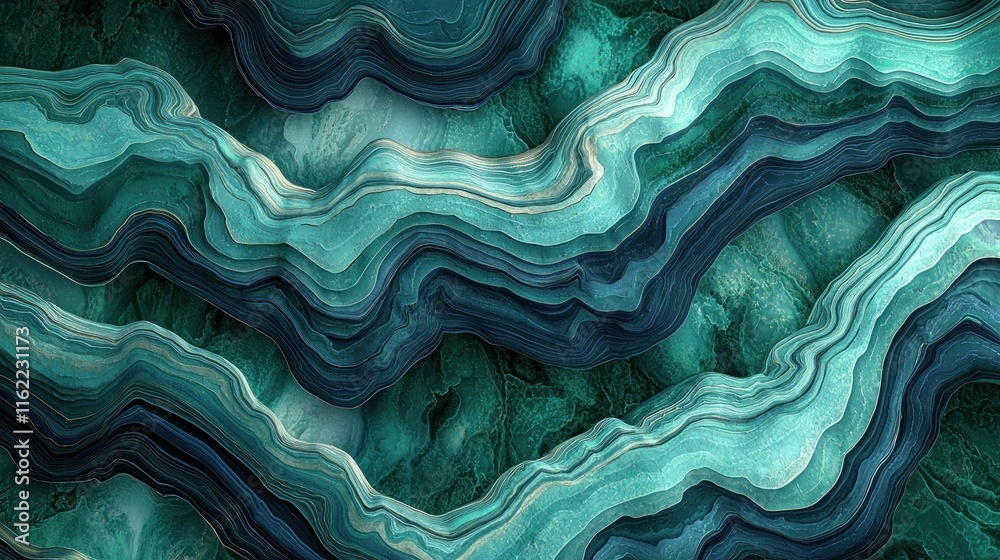 Abstract wavy layers in shades of teal and green, resembling geological formations. Abstract wavy layers in shades of teal and green, resembling geological formations.