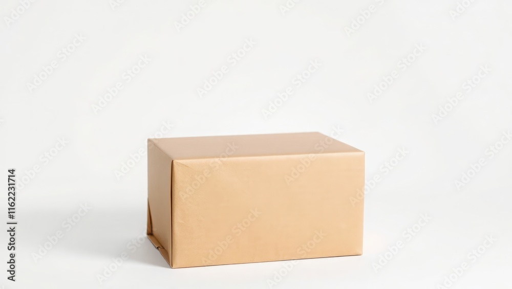 A light brown cardboard box sits on a white background A light brown cardboard box sits on a white background