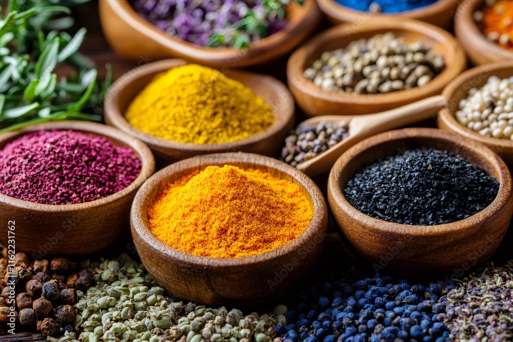 Colorful spices and herbs overflowing wooden bowls sitting on a table Colorful spices and herbs overflowing wooden bowls sitting on a table
