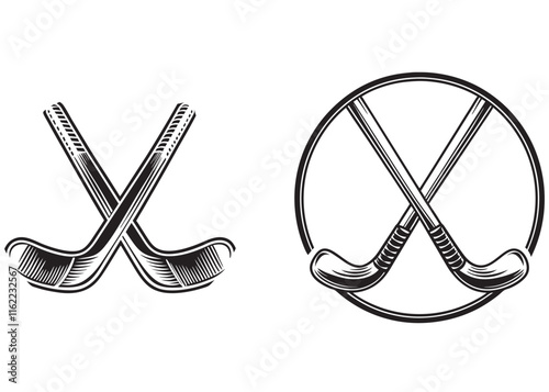 hockey stick logo vector silhouette illustration, hockey stick logo silhouette, vector of black silhouette of hockey stick, Silhouette of crossed hockey sticks on a white background.