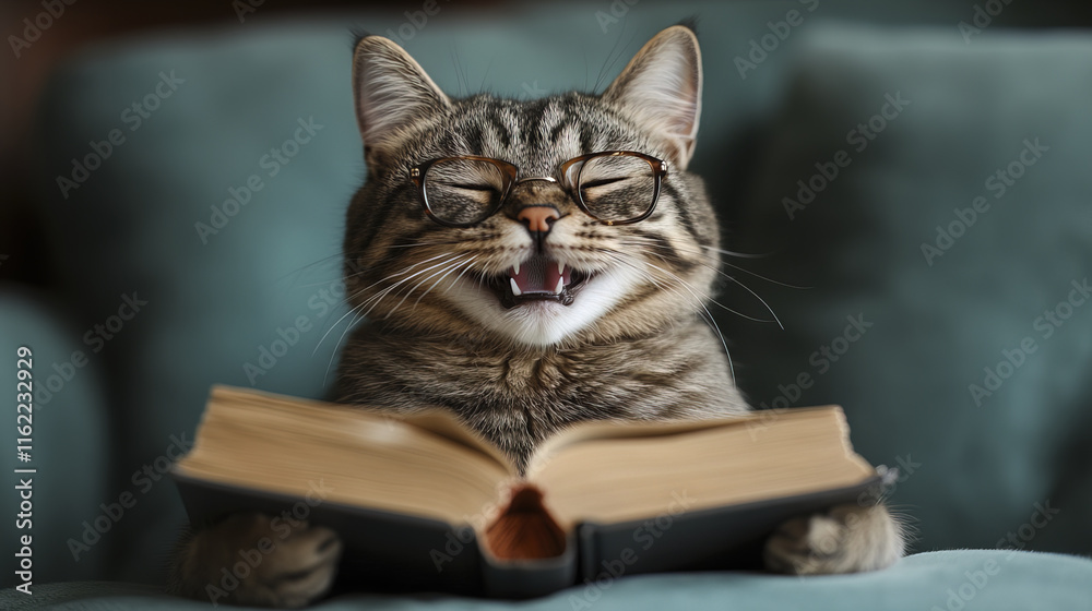 gray tabby cat wearing glasses laughs heartily while reading book gray tabby cat wearing glasses laughs heartily while reading book