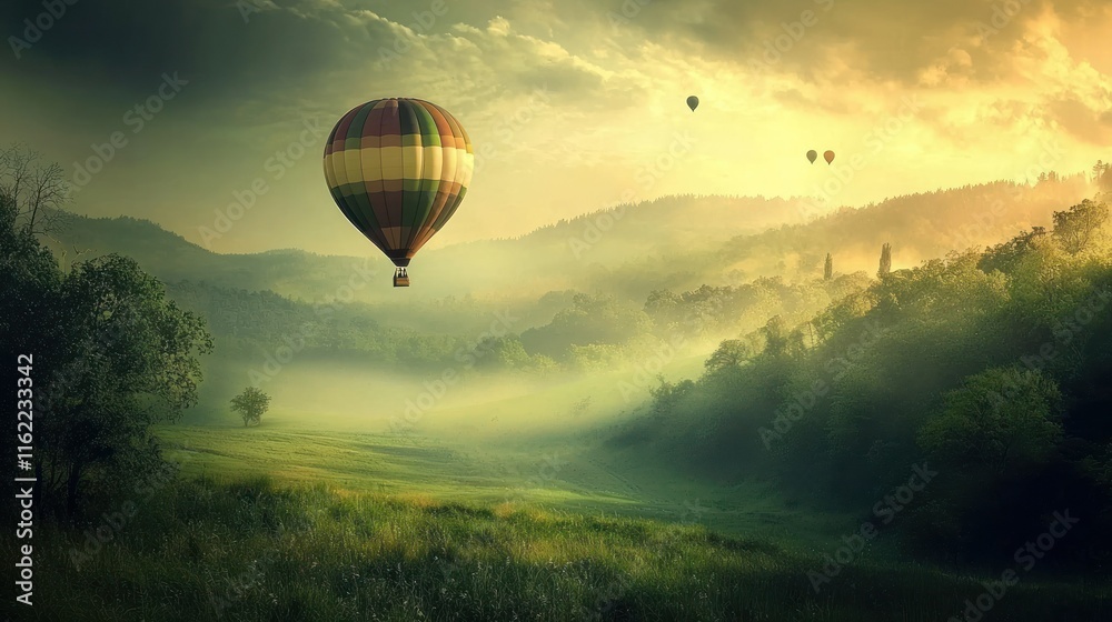 Obraz premium Hot air balloons soaring over a serene landscape at dawn.