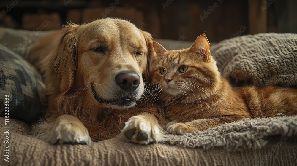 happy golden retriever and ginger cat relaxing together on cozy couch happy golden retriever and ginger cat relaxing together on cozy couch