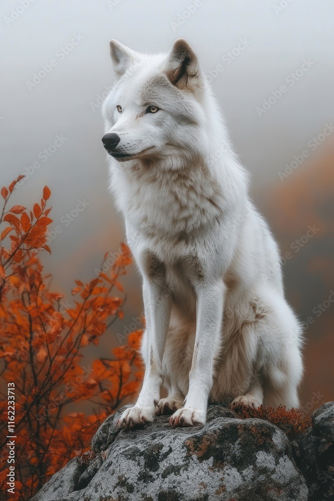Obraz premium Majestic white wolf sitting on a rock in autumnal scenery.