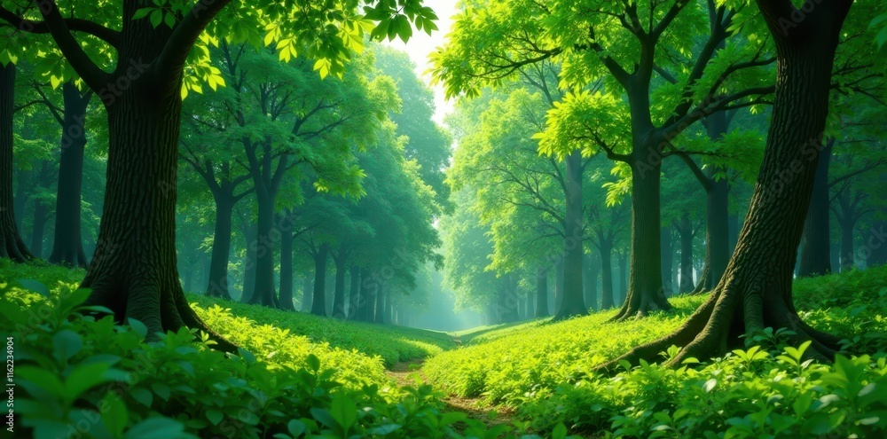 Obraz premium Vibrant green forest with lush foliage and towering trees, green, nature