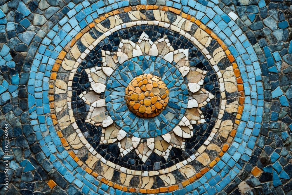 Fototapeta premium Circular mosaic depicting a stylized sun or flower with blue and gold tiles